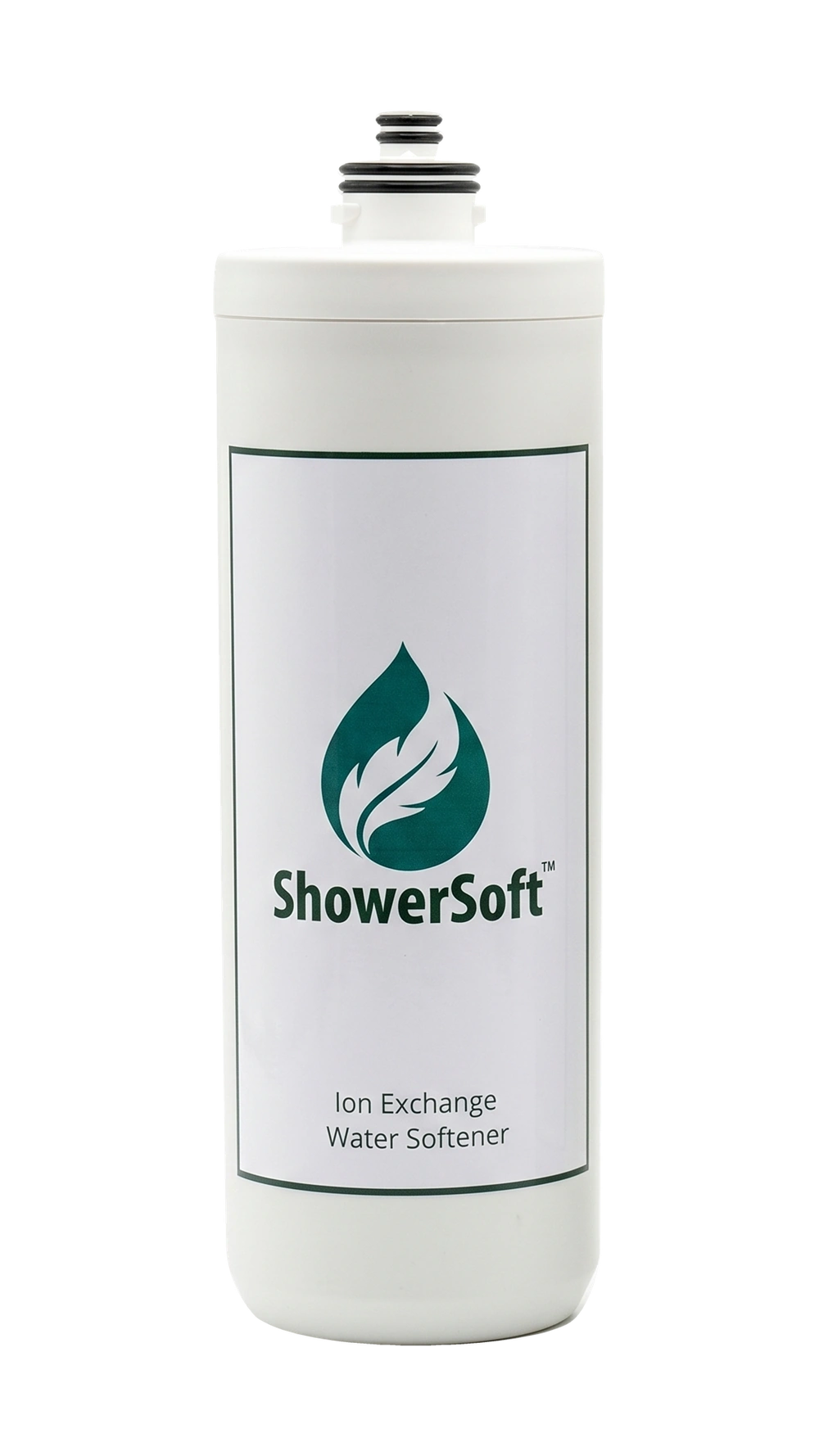 ShowerSoft ion-exchange cartridge with its logo, shown without the wall-mount attachment